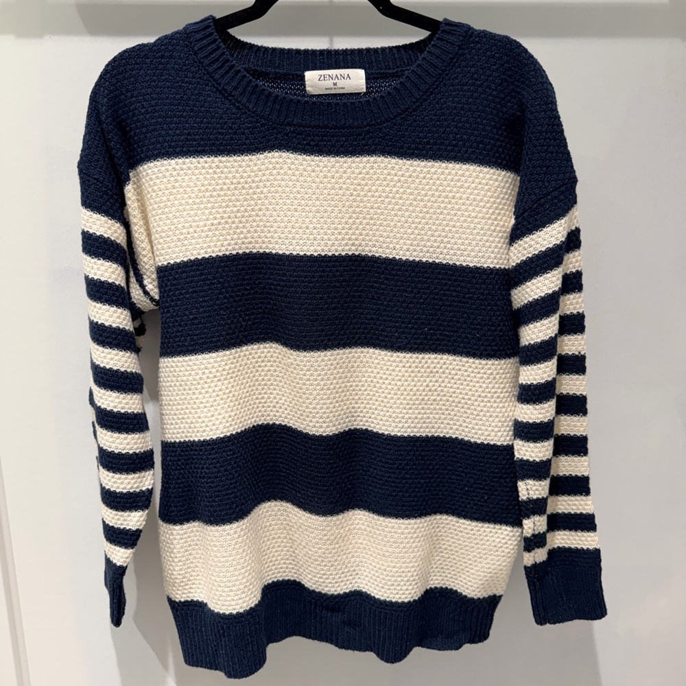 Zenana Outfitters Navy and Cream Striped Sweater